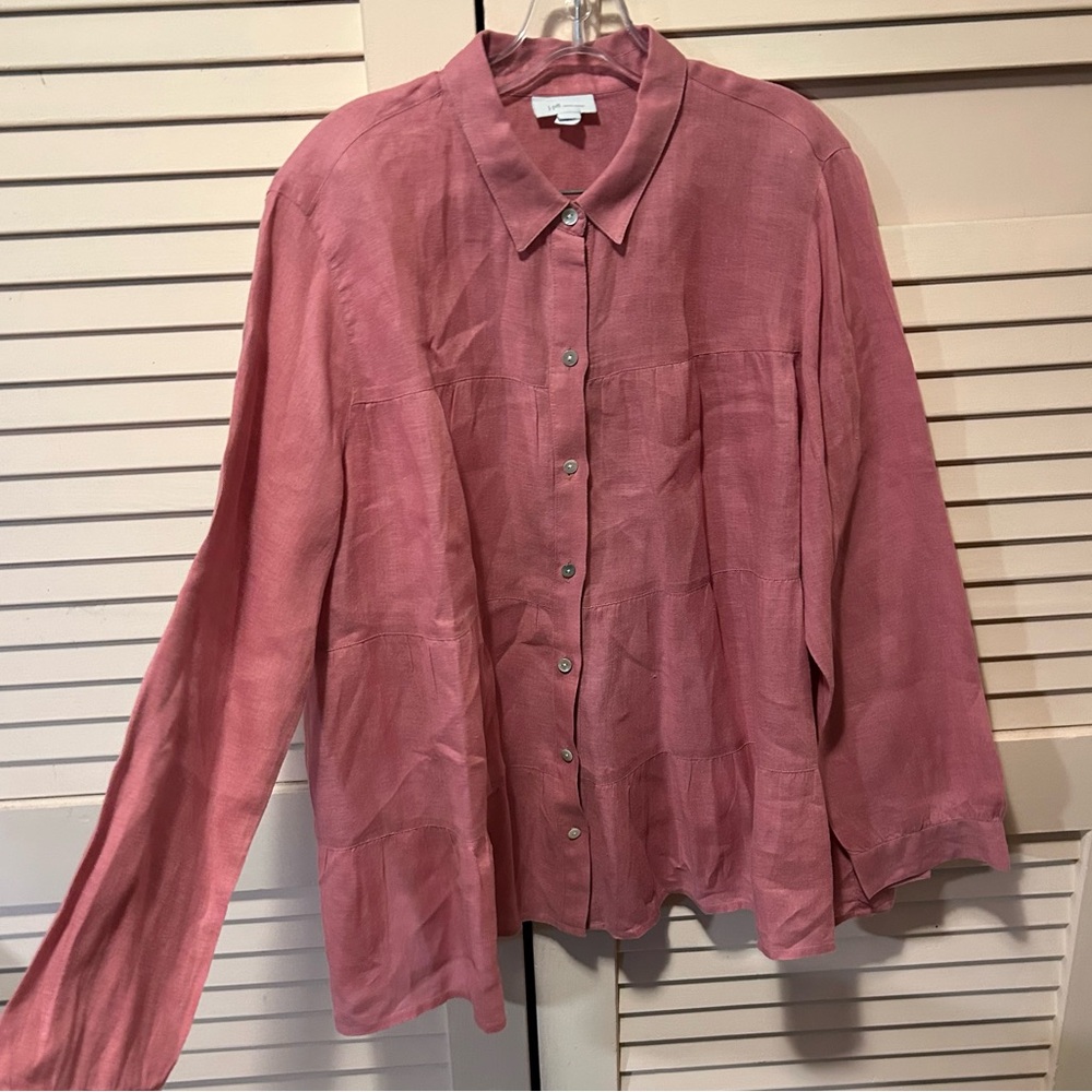 J. Jill 100% Linen Pink Mauve Tiered Button Up Shirt Blouse Women’s Size Large
